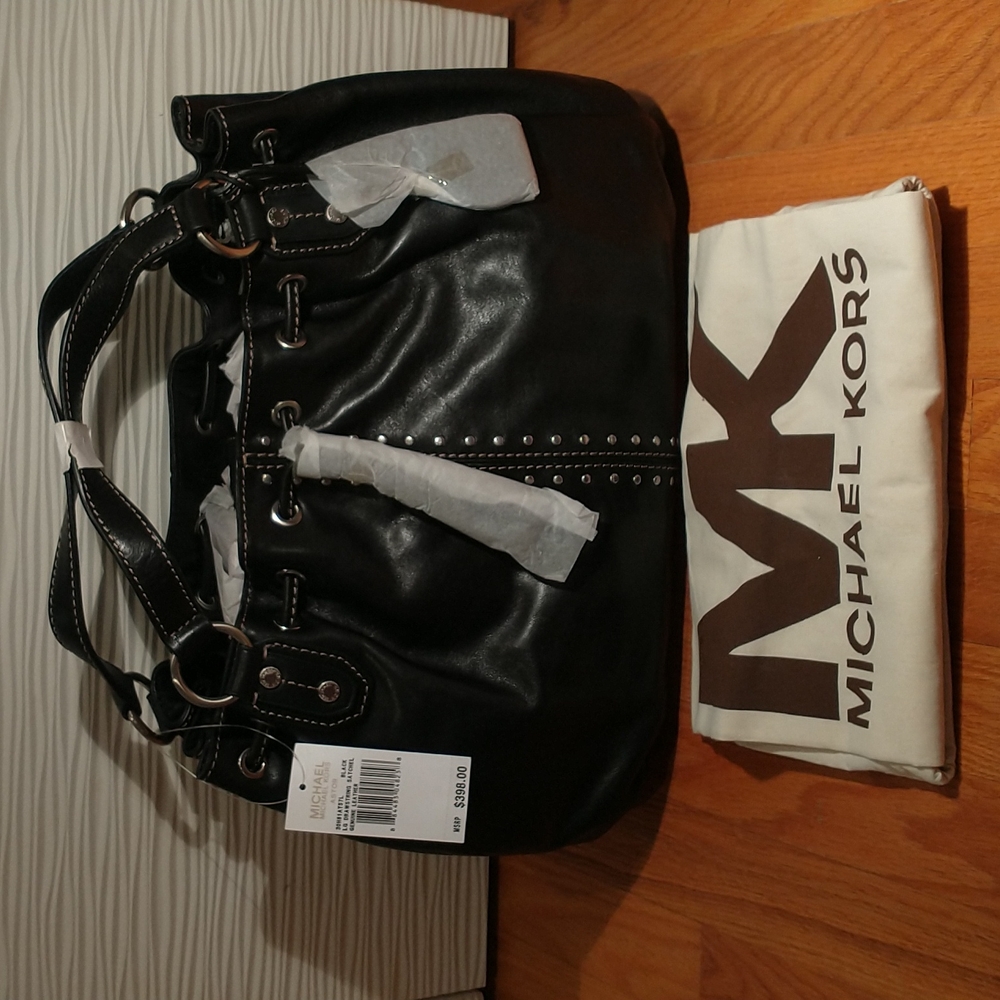 New Michael Kors Astor Studded Drawstring Satchel Large Black Leather Handbag